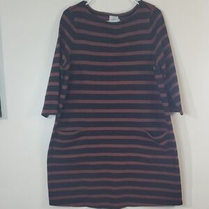 The Nines By Hatch Striped Shirt Dress Size Large Drop-In Pockets Black Brown